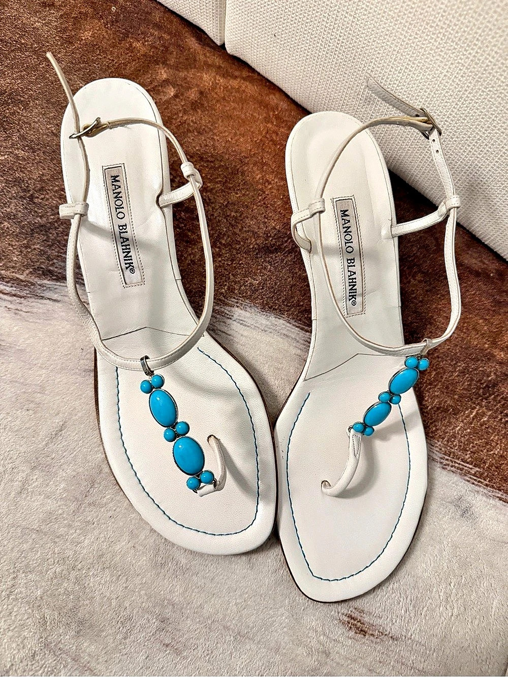 Manolo Blahnik Embellished Heeled Sandals White & Blue